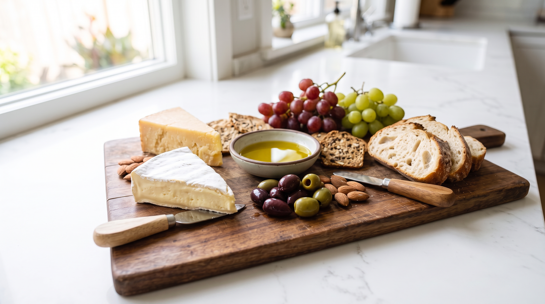 Close-up of a charcuterie board on a white marble countertop with cheese, bread, crackers, grapes, olives, and a small ceramic dish of olive oil
