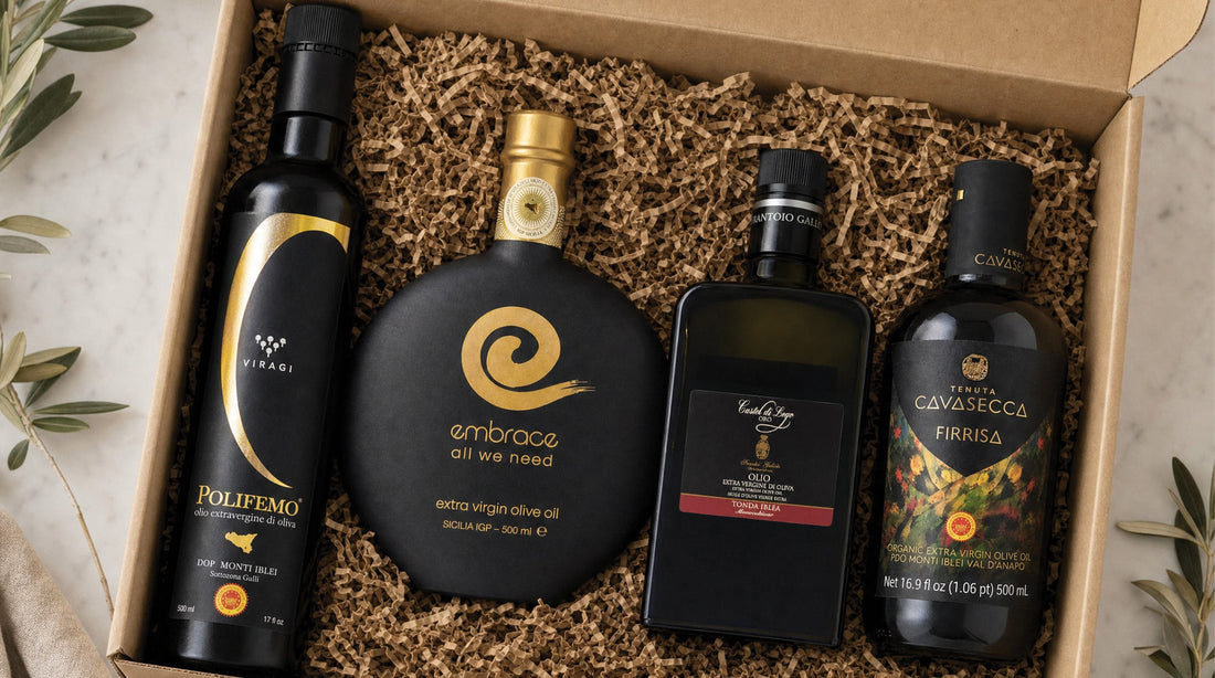 Four bottles of extra virgin olive oil delicately placed in a shipping box
