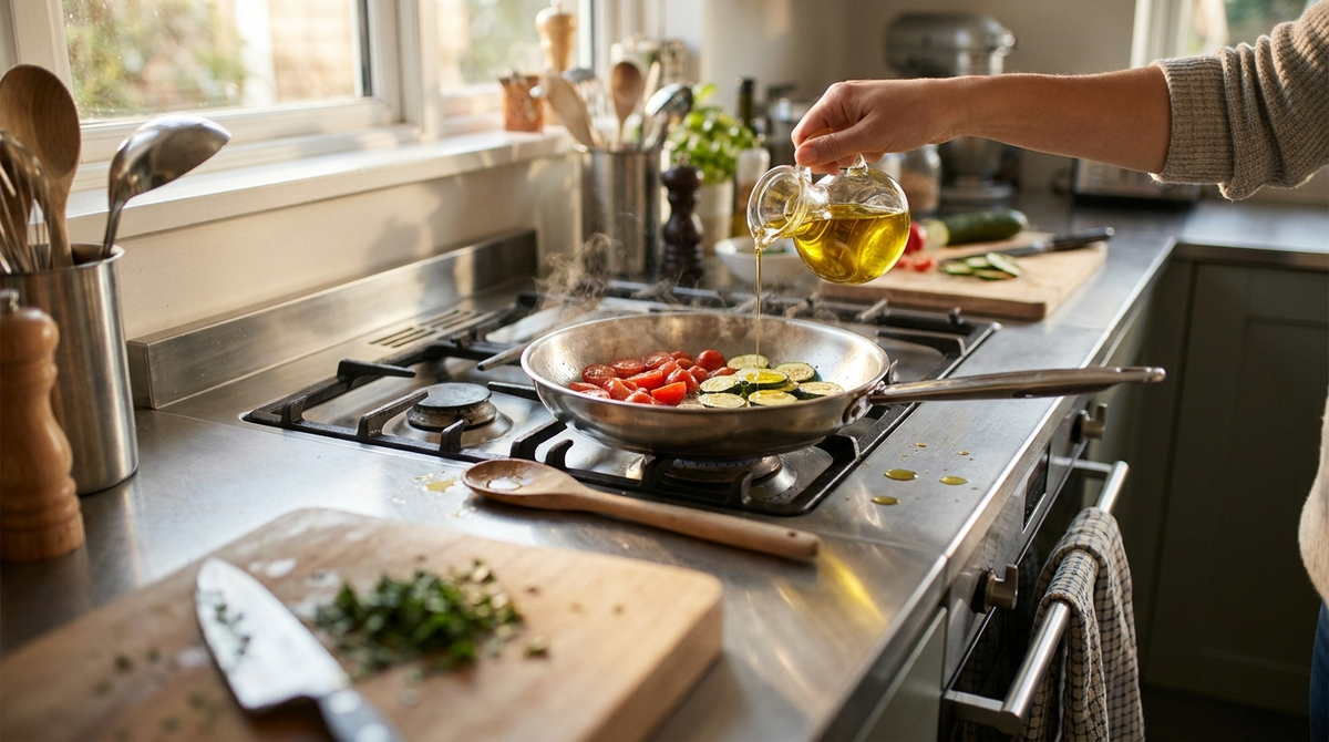 Olive oil being poured into a sizzling pan on a lived-in stovetop