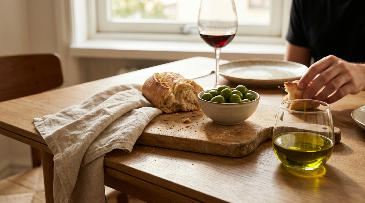 A glass of golden-green olive oil at a lived-in dining table with bread and whole green olives