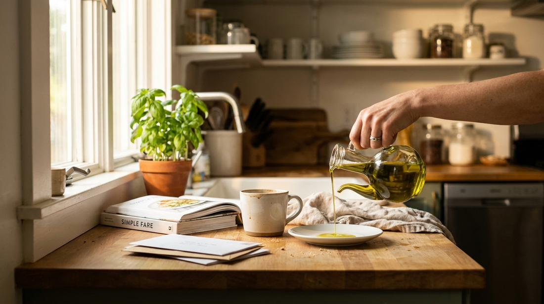 Pouring olive oil onto a white ceramic saucer to check its color in a lived-in morning kitchen