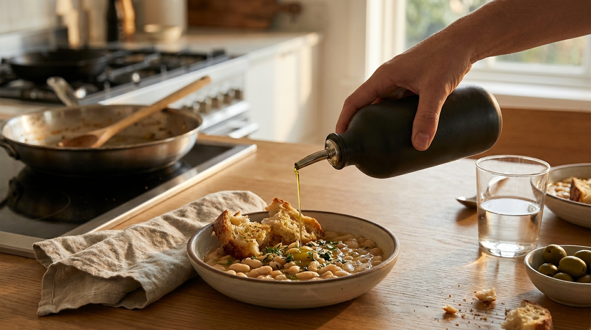 A hand drizzling olive oil from a dark ceramic cruet over a finished plated dish at a dining table