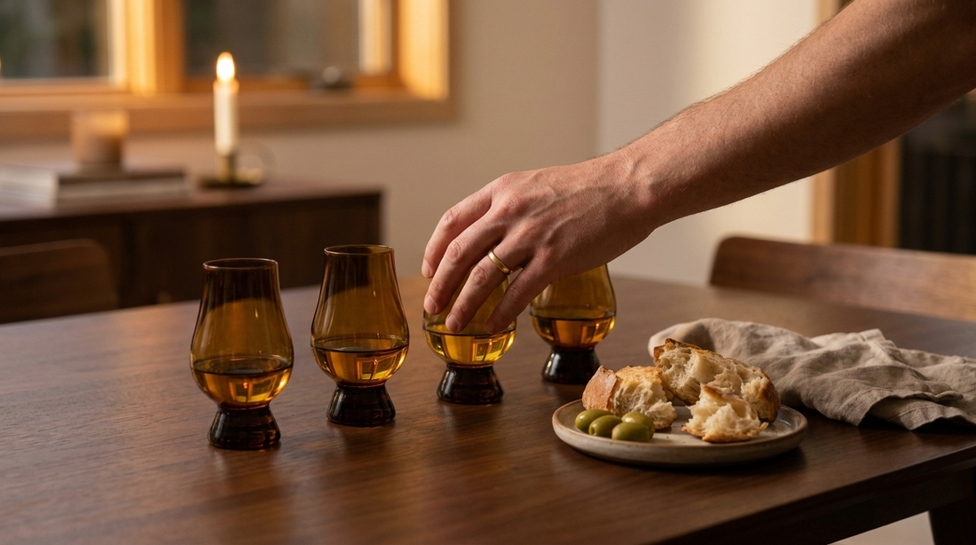 Dark amber curved olive oil tasting glasses lined up on a dining table with bread
