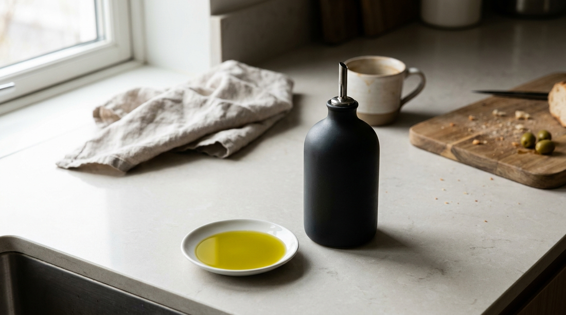 A dark ceramic cruet resting on a modern kitchen counter beside a saucer of olive oil