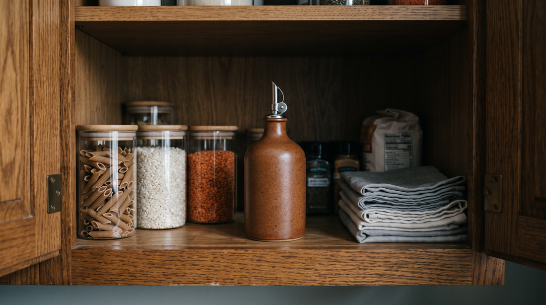 A sealed ceramic olive oil cruet with a stainless steel spout stored on a shelf inside a shaded kitchen pantry cabinet, away from light and heat