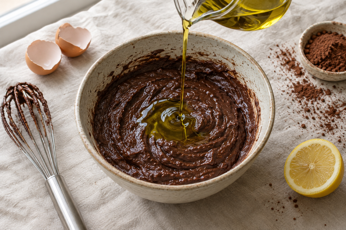 Golden olive oil pouring from a measuring cup into a bowl of brownie batter.