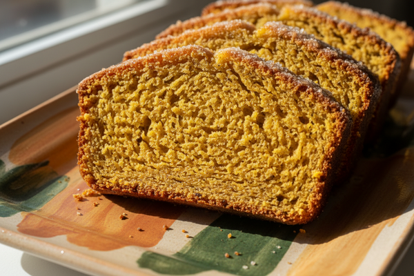 Moist olive oil pumpkin bread on a painted ceramic serving tray.