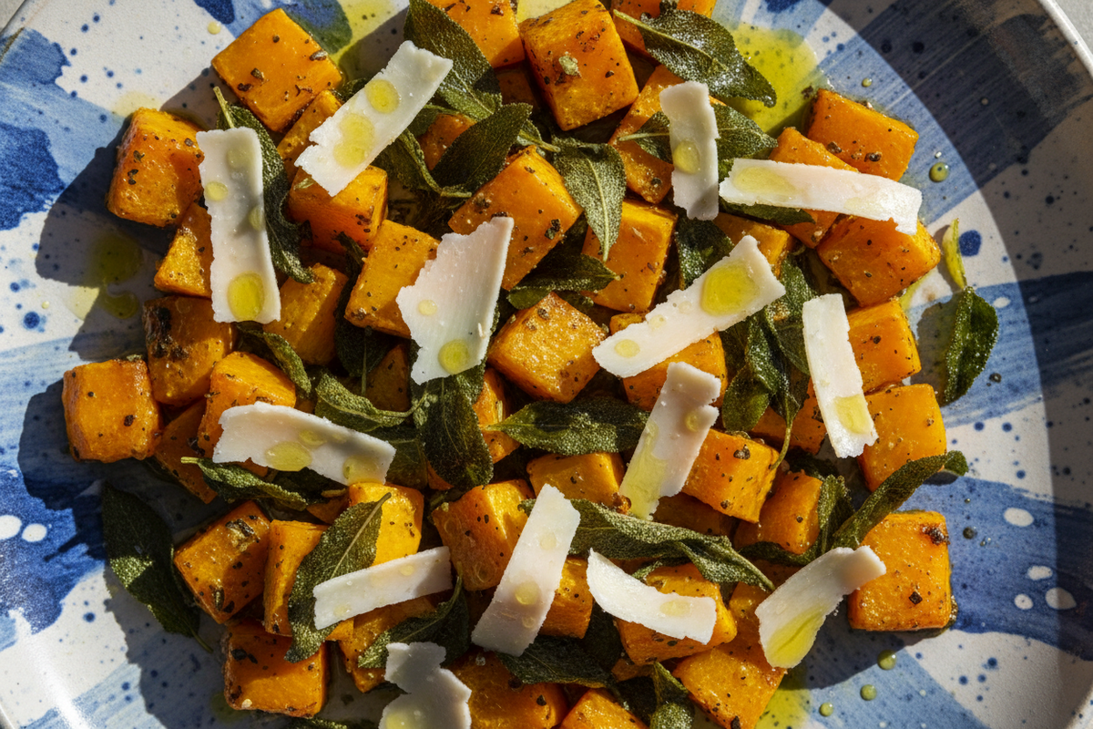 Roasted butternut squash with sage and grated pecorino cheese on a blue and white painted ceramic dish