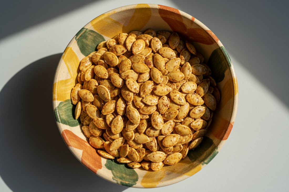 Spice roasted pumpkin seeds in a painted ceramic bowl