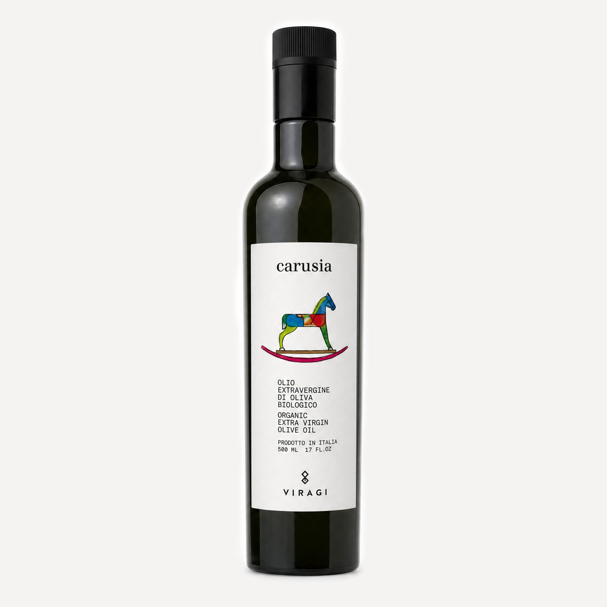 A dark glass bottle of Viragi's Carusia organic extra virgin olive oil, featuring a white label with a colorful rocking horse logo and a black cap, set against a light gray background.