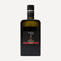 A bottle of Castel di Lego ORO extra virgin olive oil by Frantoio Galioto, featuring a matte black rectangular bottle with a dark olive-green liquid inside, a black cap, and a black label with gold and red accents.
