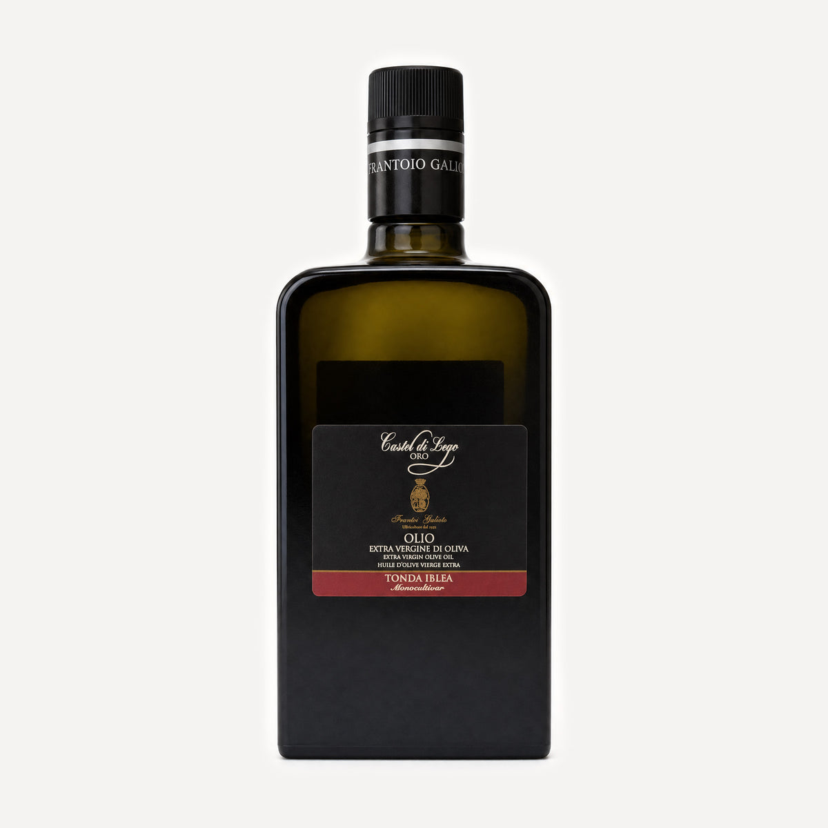 A bottle of Castel di Lego ORO extra virgin olive oil by Frantoio Galioto, featuring a matte black rectangular bottle with a dark olive-green liquid inside, a black cap, and a black label with gold and red accents.