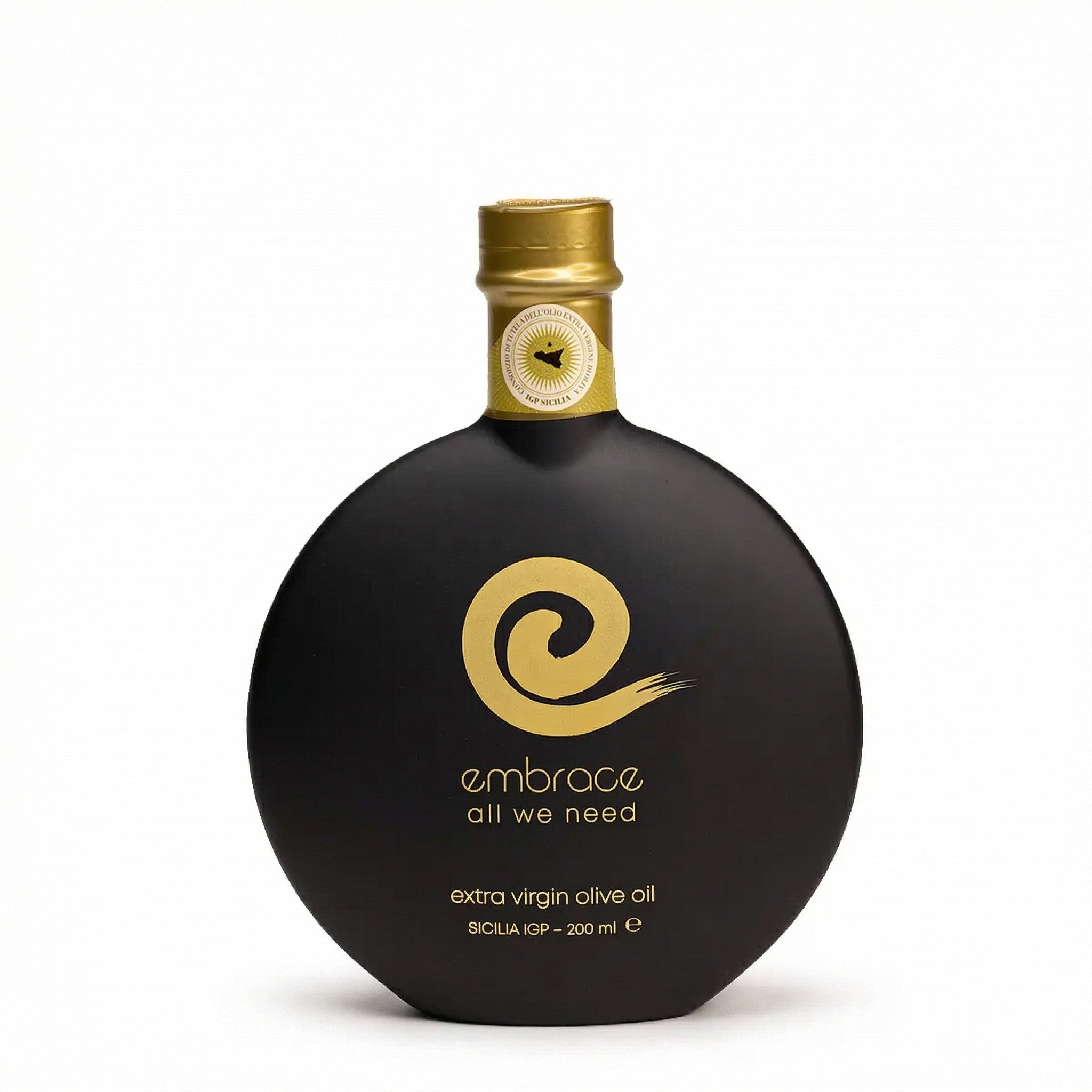 Black olive oil bottle with gold cap and label on a white background