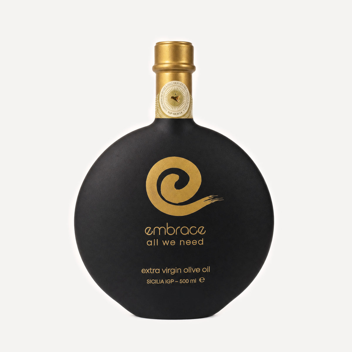 500ml bottle of Embrace All We Need Extra Virgin Olive Oil in a distinctive rounded black bottle with a gold cap and gold logo, set against a light gray background.