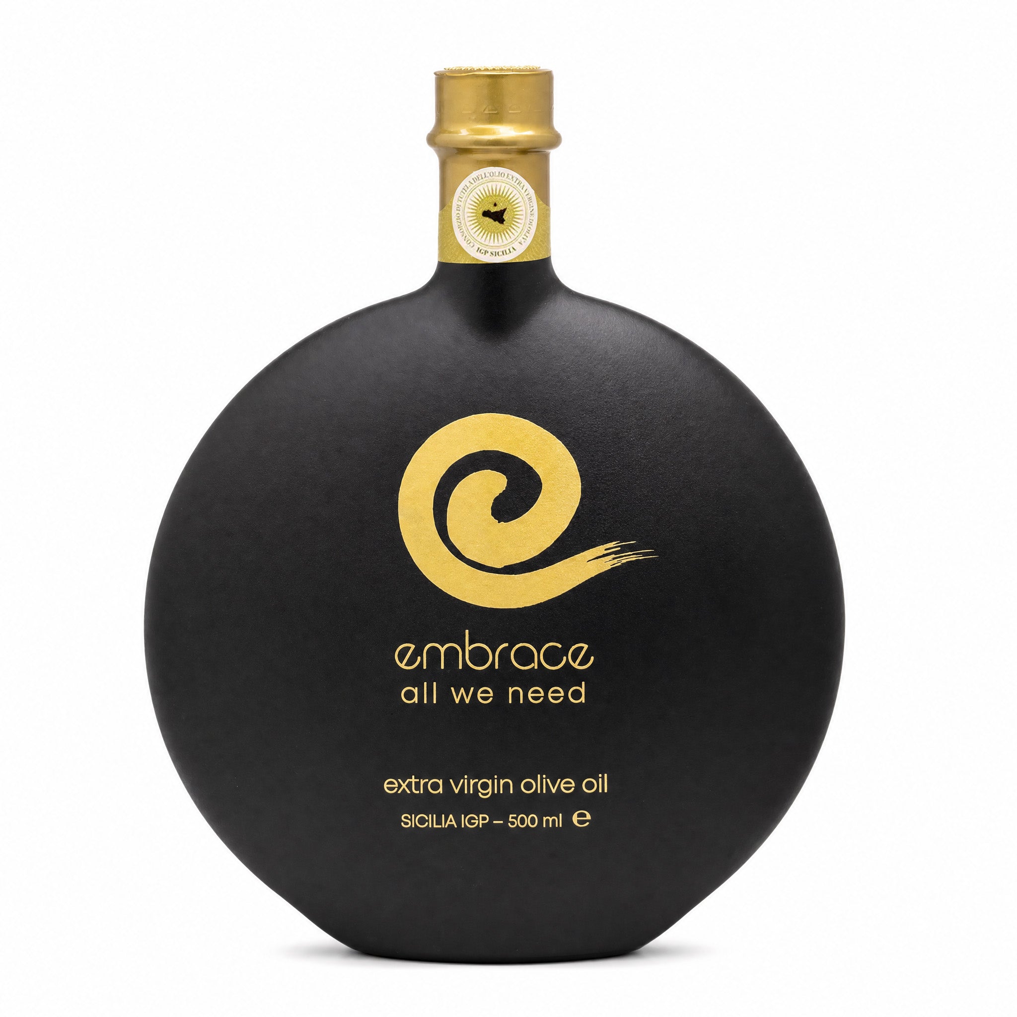 Black Embrace 500ml bottle with gold labeling on white background