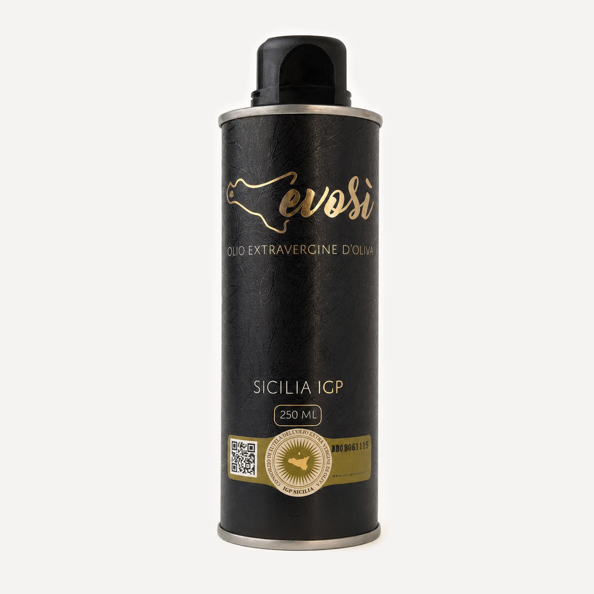 A 250ml black can of Evosi Sicilia IGP extra virgin olive oil, featuring gold lettering and a black cap, set against a light gray background.