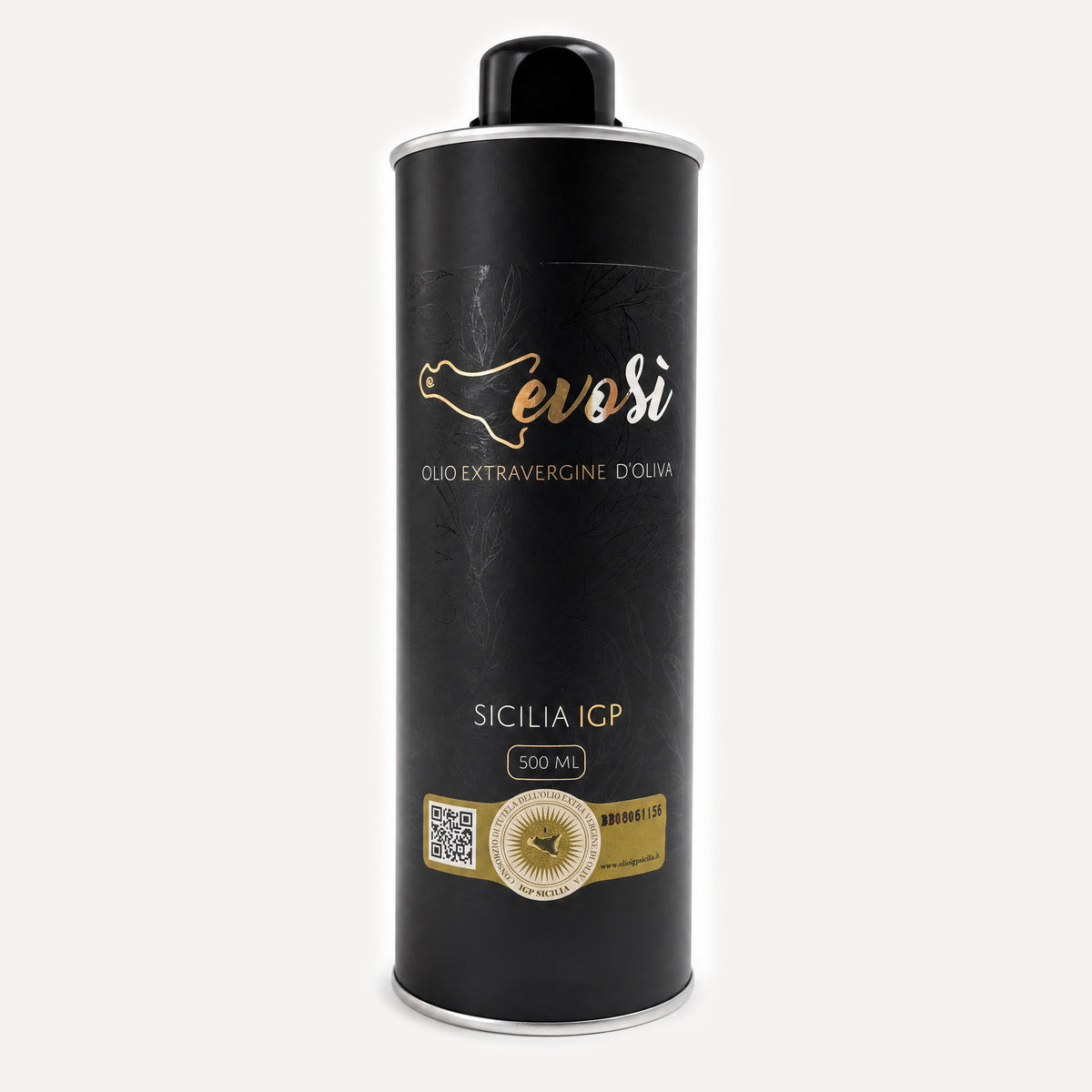A 500ml black metal can of EvoSi Sicily IGP extra virgin olive oil, featuring gold and white text and a gold seal on a light gray background.