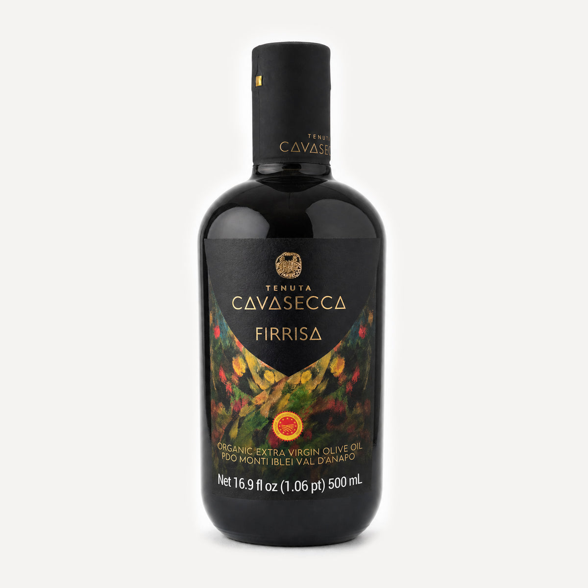 A bottle of Tenuta Cavasecca FIRRISA extra virgin olive oil, featuring a black bottle and label with gold lettering and a colorful floral design, set against a light gray background.