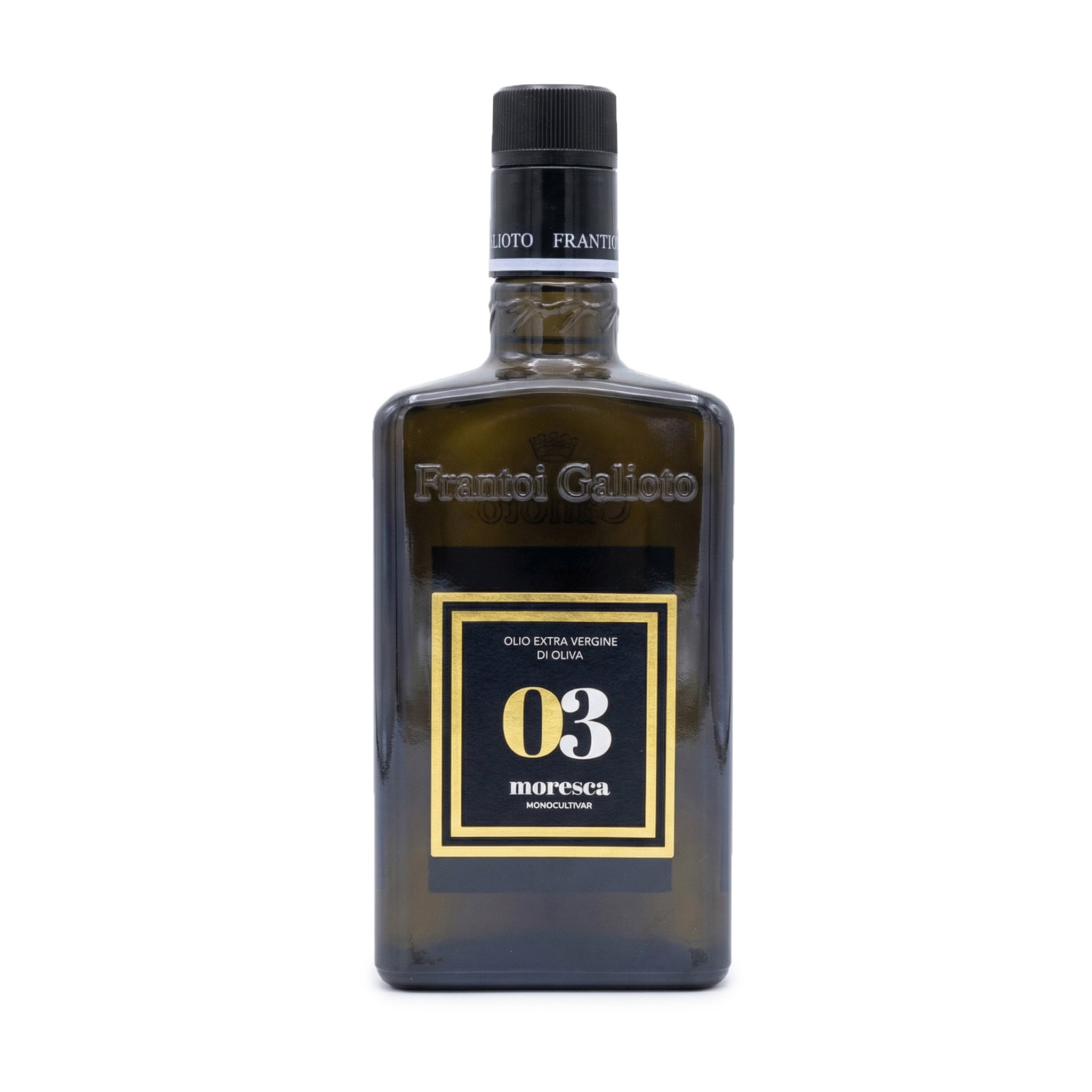 Bottle of olive oil with a black label on a white background