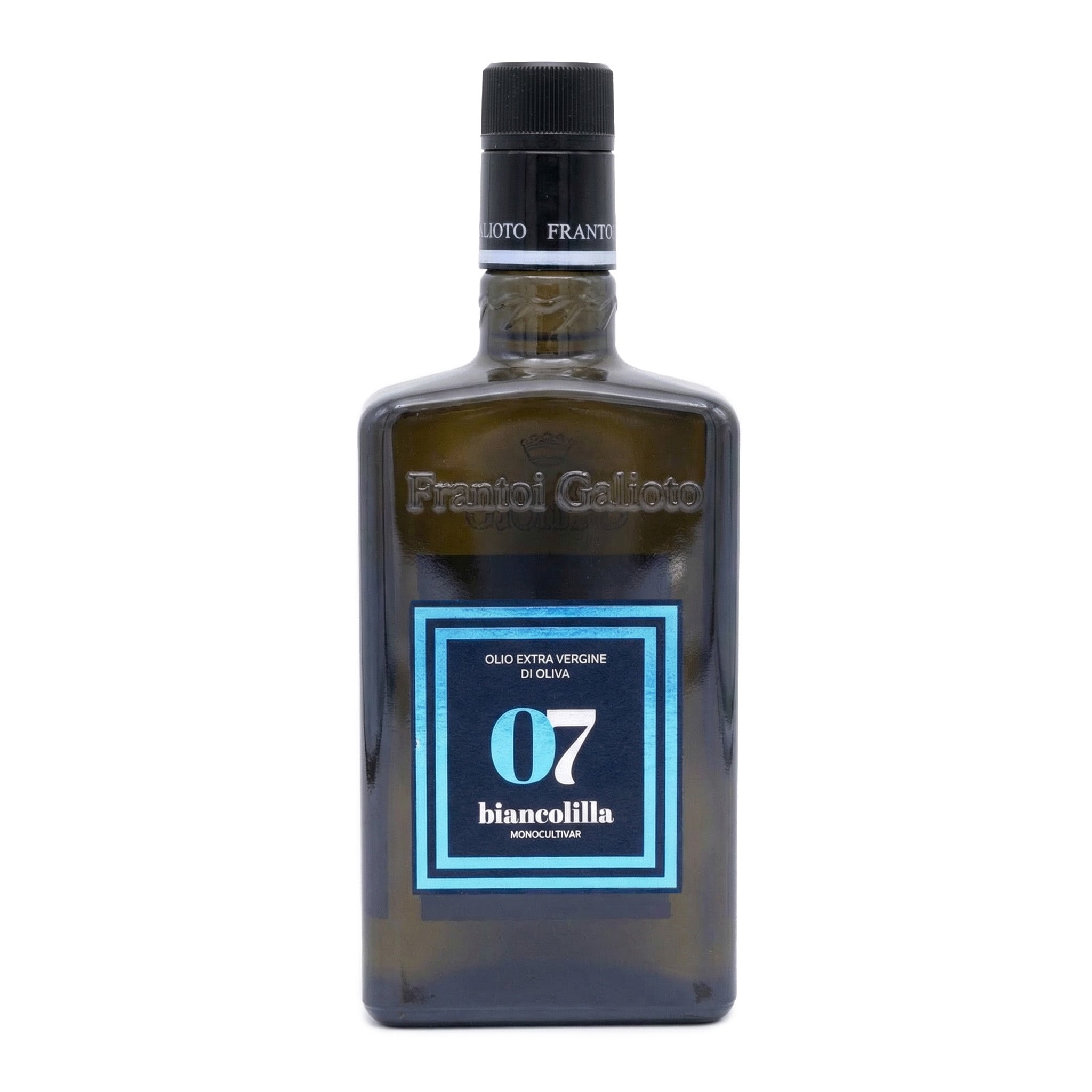 Bottle of Fratelli Gallina olive oil with a blue label on a white background