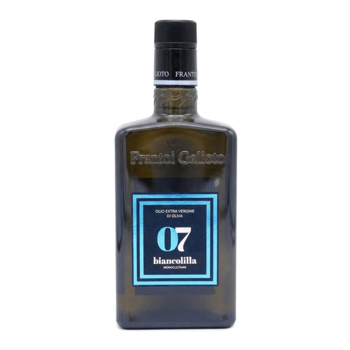 Bottle of Frantoio Galioto olive oil with a blue label on a white background