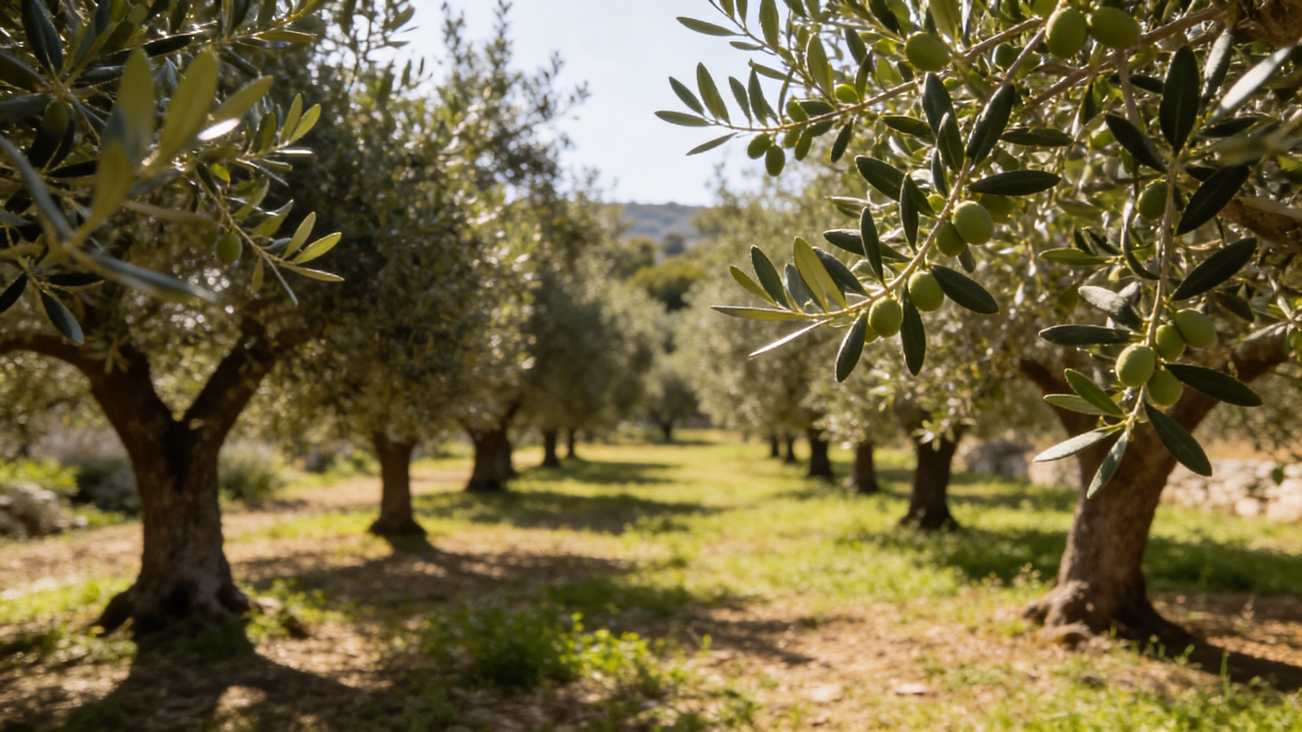 Olive trees in a field with sunlight filtering through the leaves