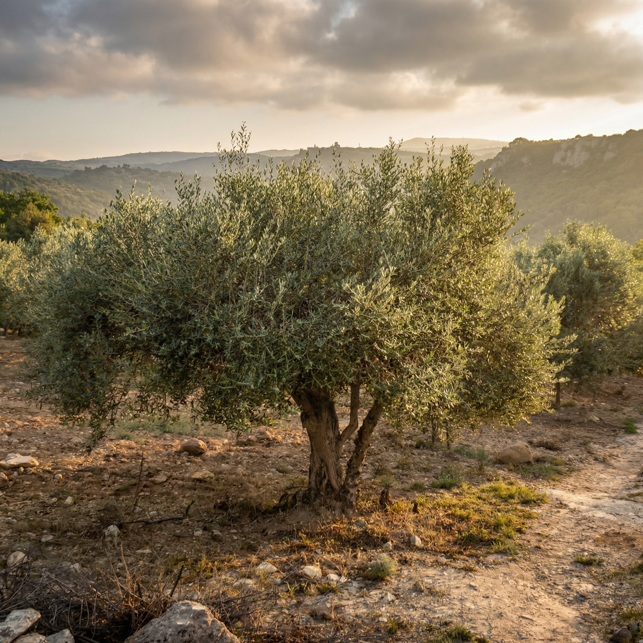 Olive trees in a field with a mountainous landscape under a cloudy sky