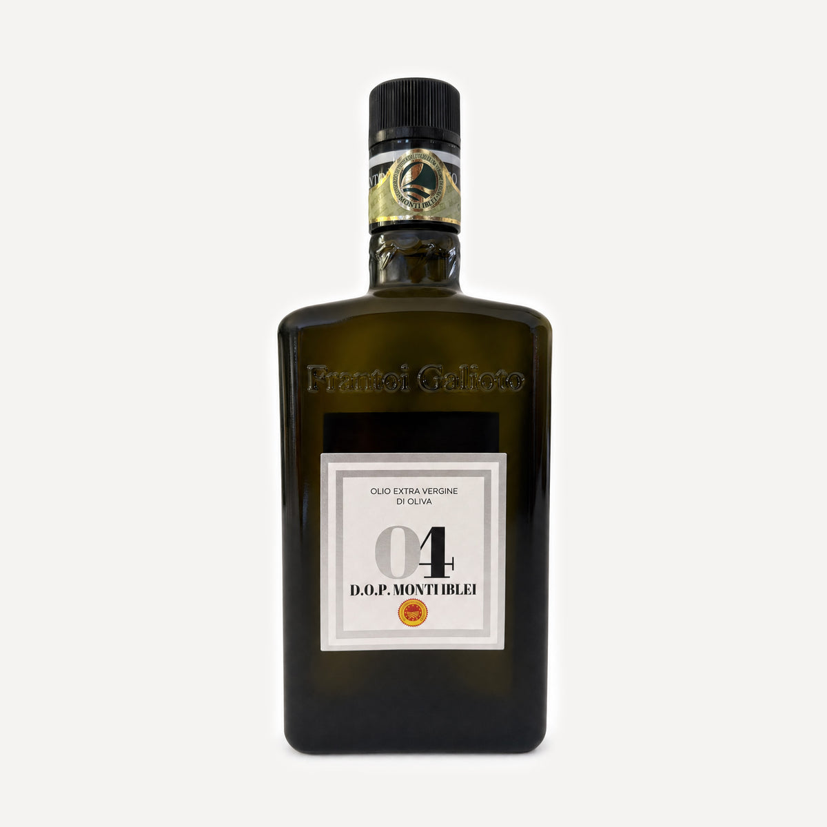 A dark olive-green glass bottle of D.O.P Monti Iblei 04 by Frantoio Galioto