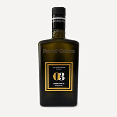 A dark olive-green glass bottle of Frantoio Galioto Moresca Extra Virgin Olive Oil, featuring a black cap and a black label with gold borders and white text.