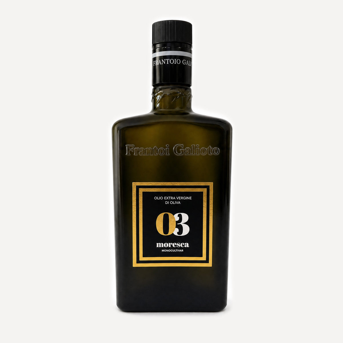 A dark olive-green glass bottle of Frantoio Galioto Moresca Extra Virgin Olive Oil, featuring a black cap and a black label with gold borders and white text.