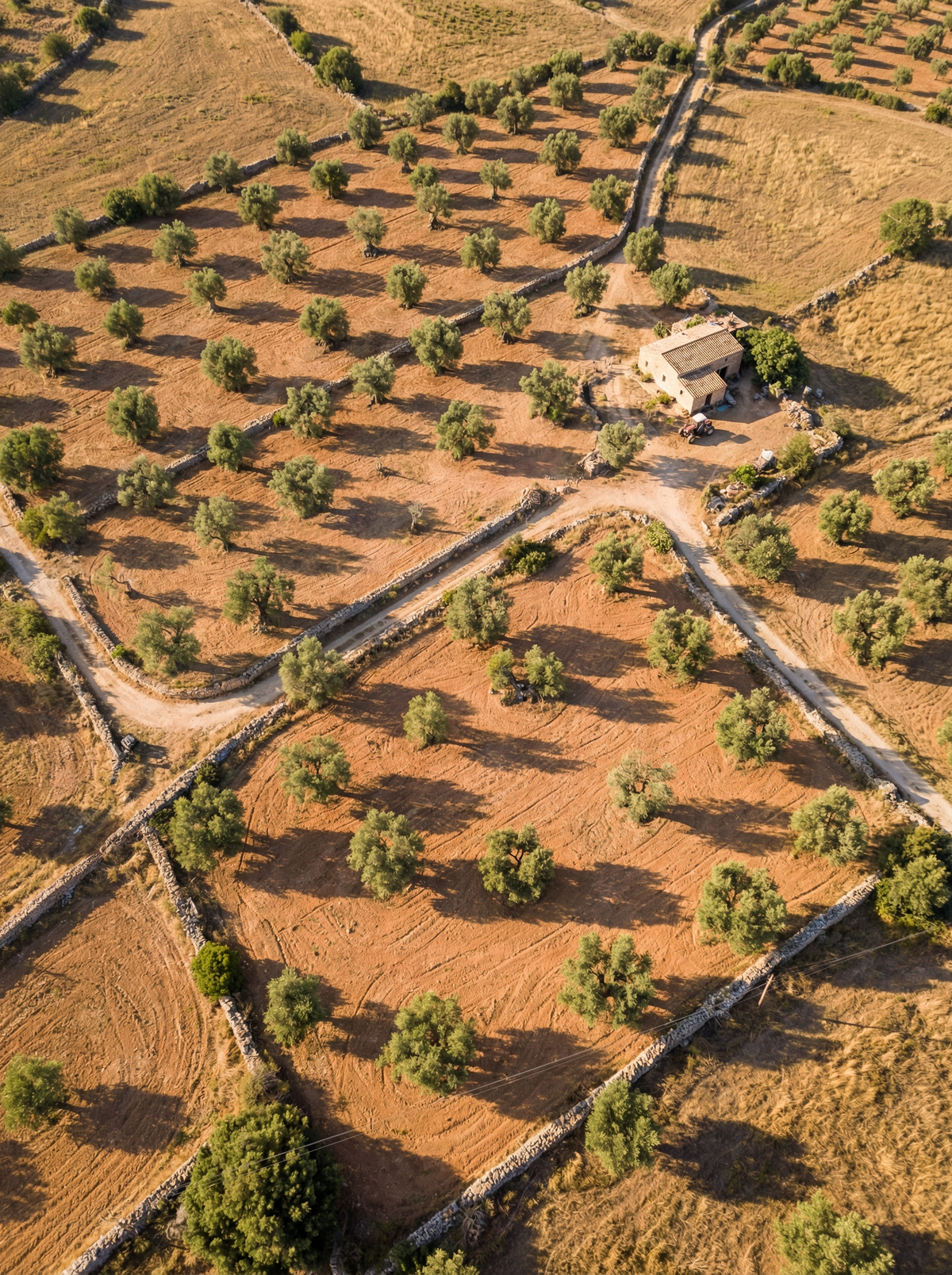 Aerial view of a rural landscape with olive groves and stone walls.