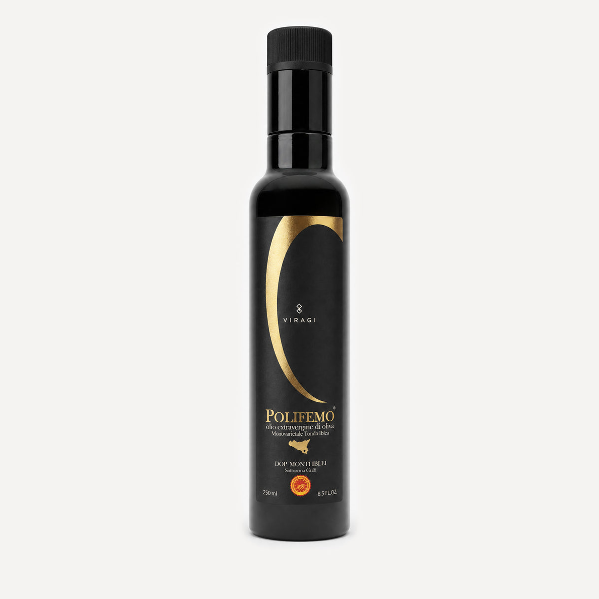 A 250ml black bottle of Polifemo Extra Virgin Olive Oil with a black cap, featuring a black label with a gold crescent design and gold lettering, set against a black background.