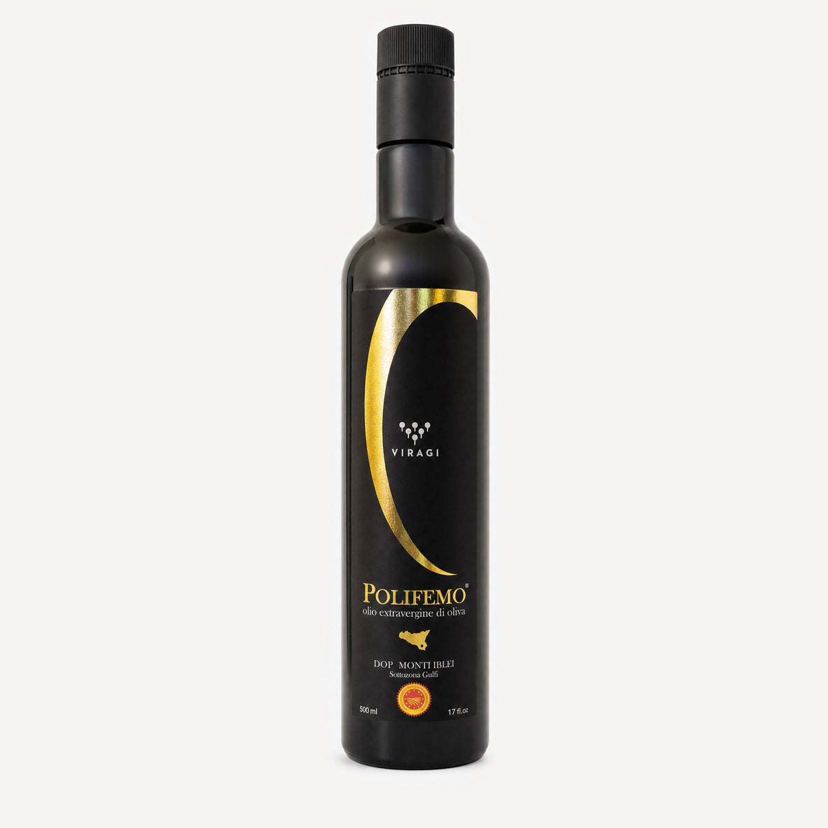 A 500ml black bottle of Polifemo Extra Virgin Olive Oil with a black cap, featuring a black label with a gold crescent design and gold lettering, set against a black background.