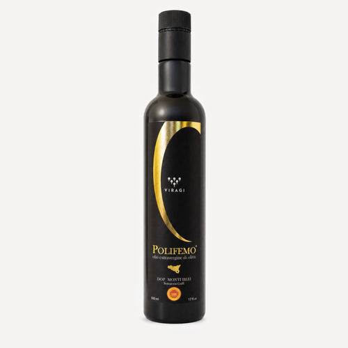 A 500ml black bottle of Polifemo Extra Virgin Olive Oil with a black cap, featuring a black label with a gold crescent design and gold lettering, set against a black background.