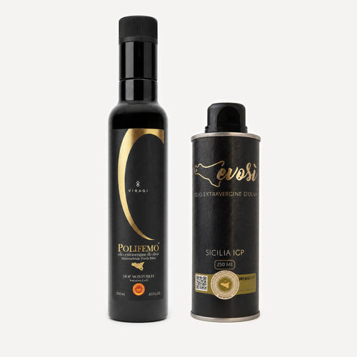 Two black bottles of Sicilian extra virgin olive oil on a light gray background: a tall bottle labeled Polifemo by Viragi and a cylindrical canister labeled Evosi Sicilia IGP 250 ml.