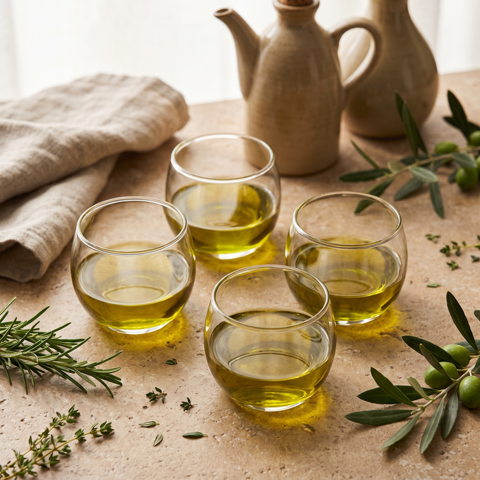 Four glasses of golden Sicilian olive oil surrounded by fresh herbs and olive branches