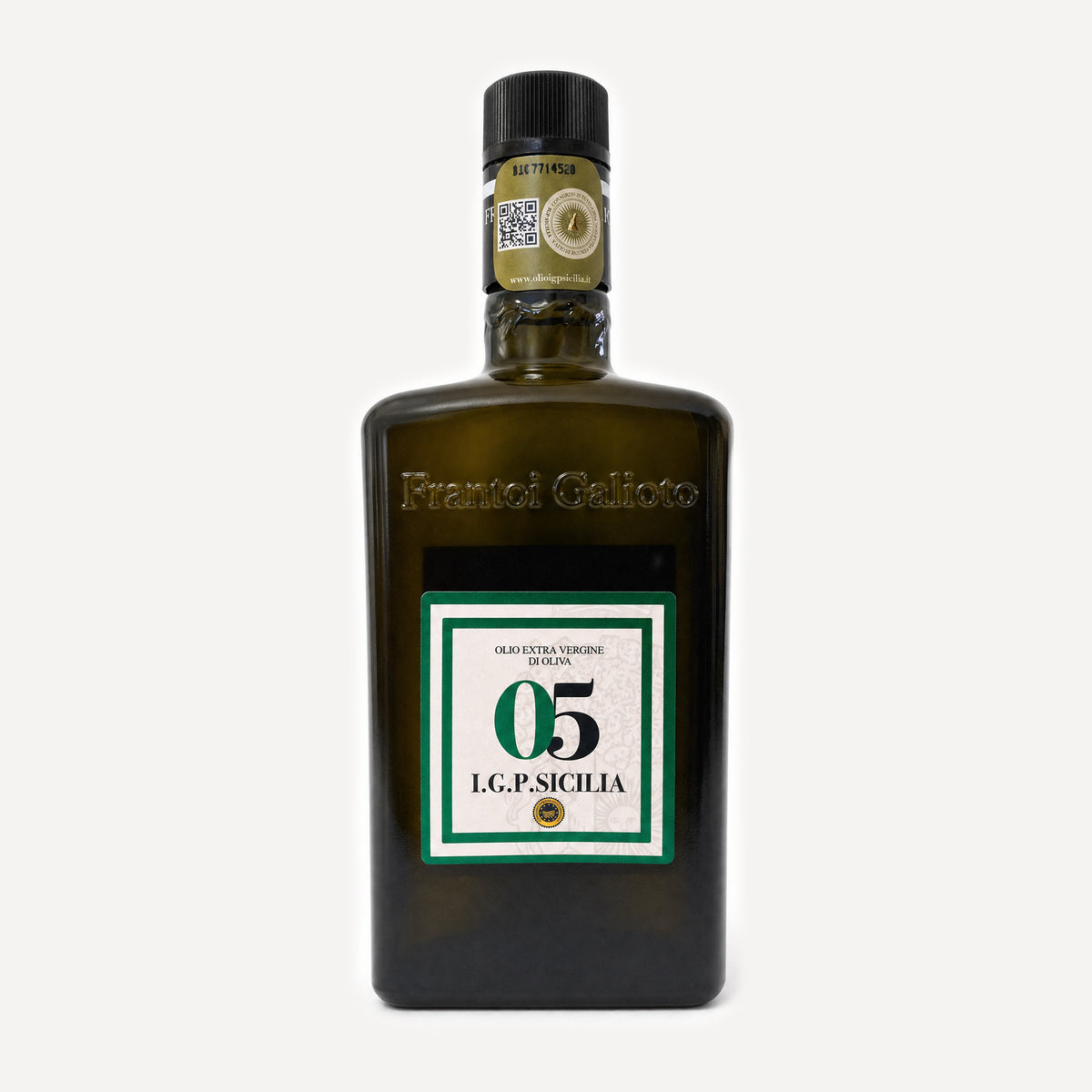 A dark olive-green glass bottle of IGP Sicilia 05 by Frantoio Galioto.