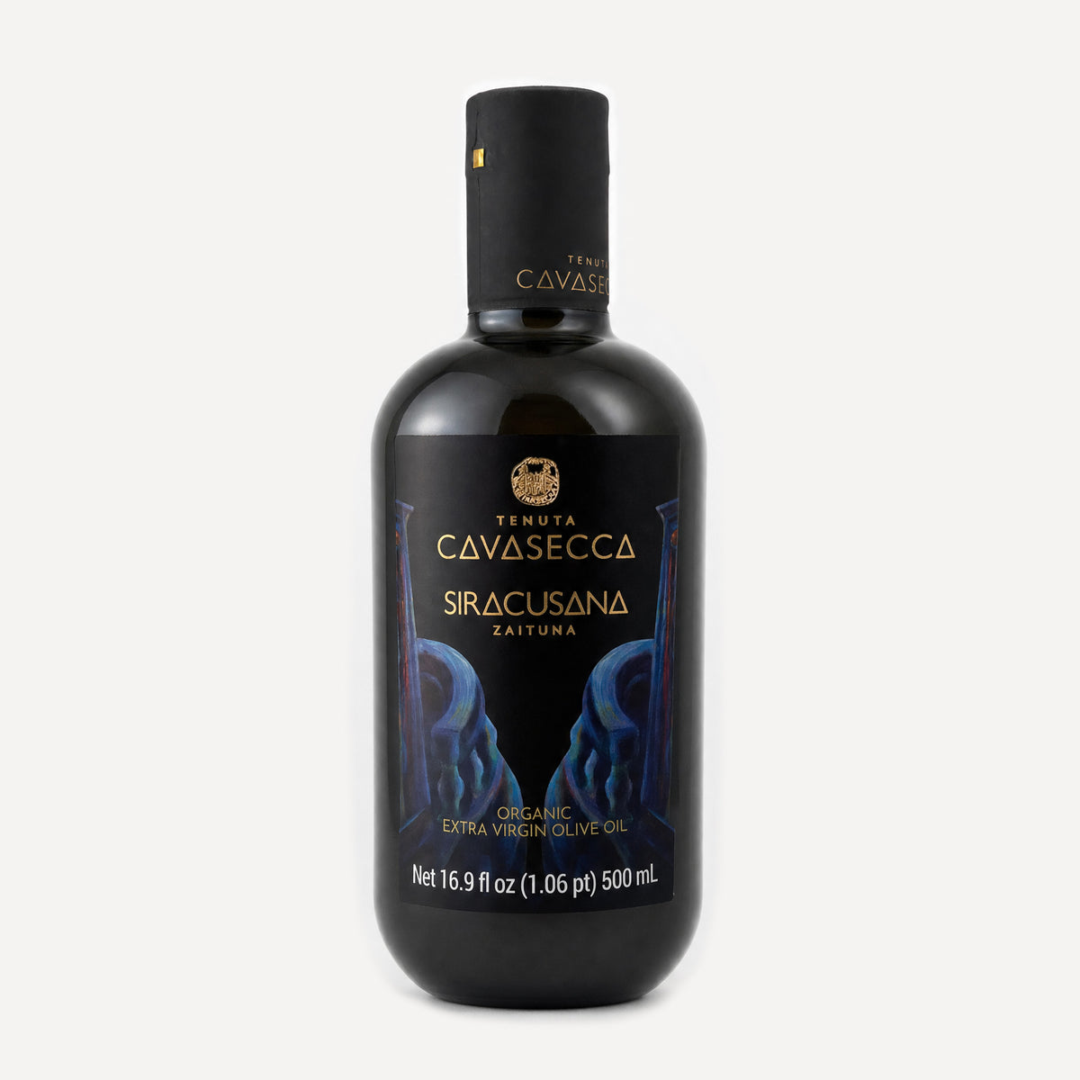 A bottle of Tenuta Cavasecca's Siracusana Zaituna Extra Virgin Olive Oil on a light gray background. The bottle is dark glass with a black cap and a black label featuring gold lettering and blue illustrations.