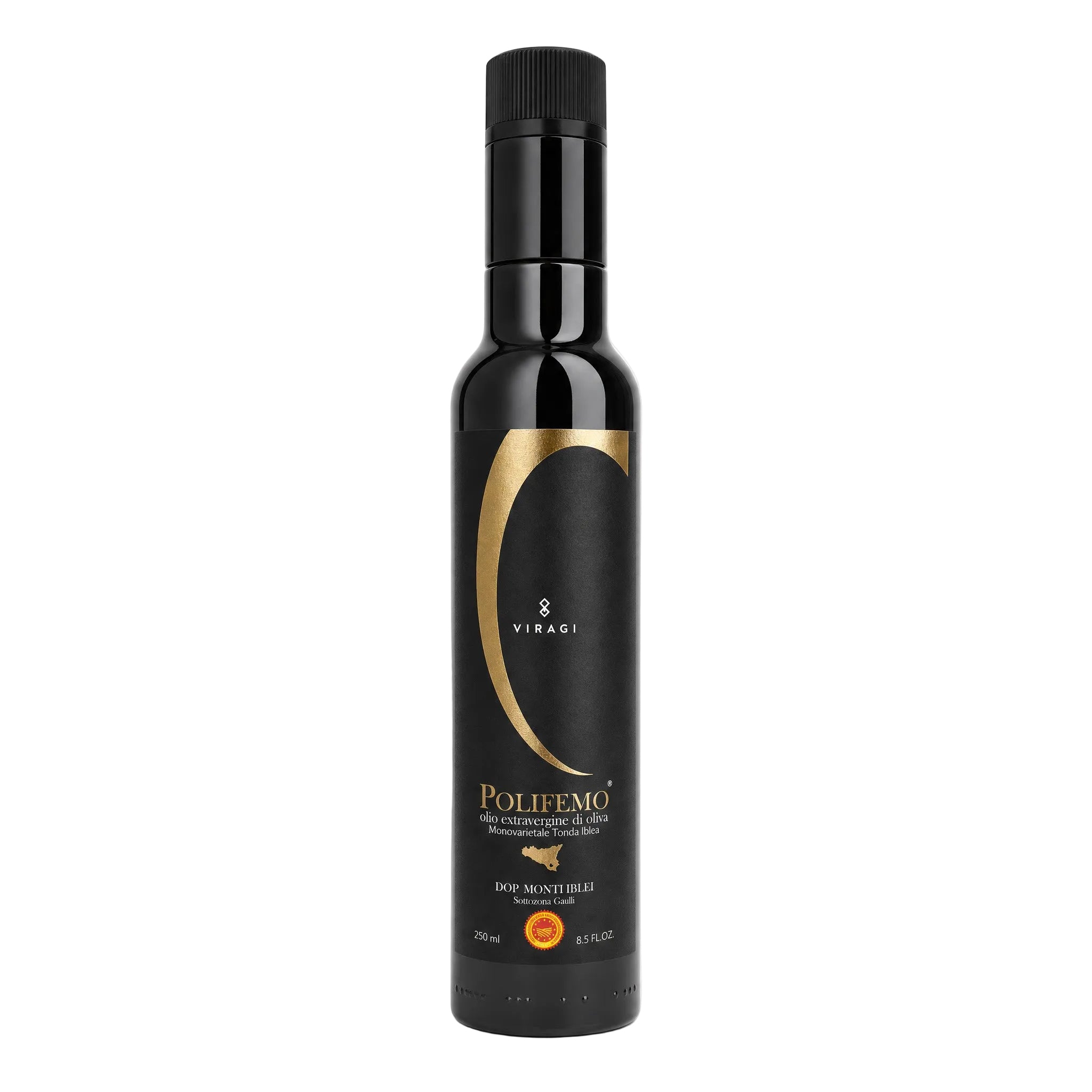 A bottle of Polifemo Virgin Olive Oil against a clean white background. The bottle is black with a black cap and features a black label with a gold crescent design and gold text.