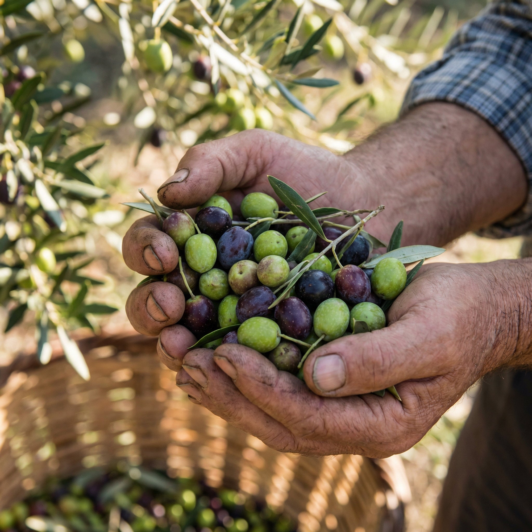 Hands holding a bunch of green and purple olives with an olive tree in the background.